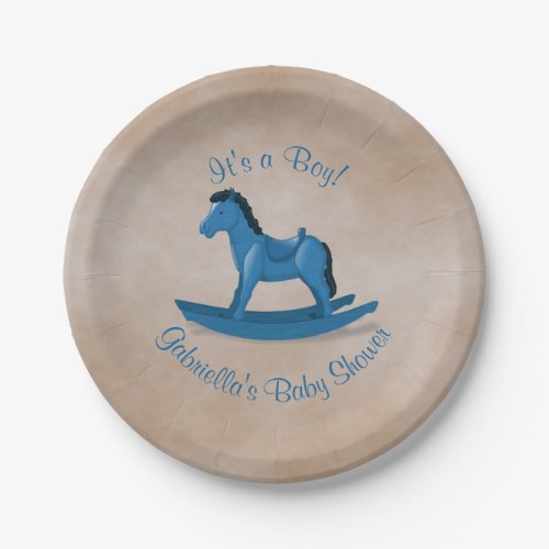 Blue Rocking Horse Baby Shower Paper Plates