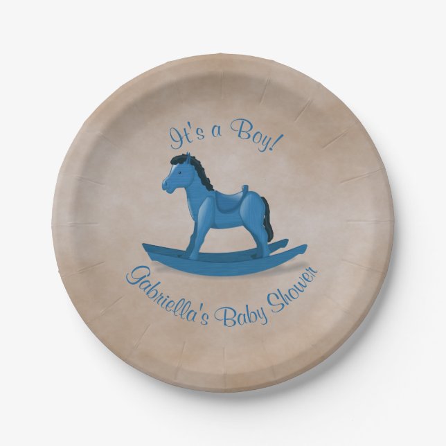 Blue Rocking Horse Baby Shower Paper Plates (Front)