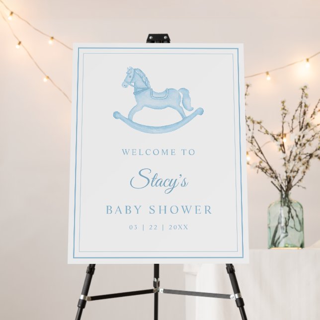 Blue Rocking Horse Baby Shower Welcome Sign Boy (In Situ (Stand))