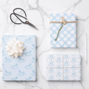 Blue Rocking Horse Baby Shower Wrapping Paper Sheets