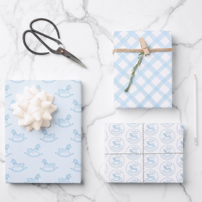 Blue Rocking Horse Baby Shower  Wrapping Paper Sheets (Front)