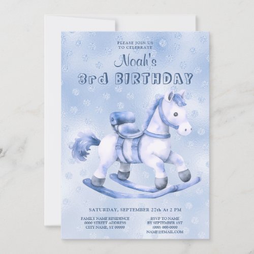 Blue Rocking Horse Birthday Invitation