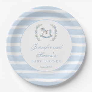 Blue rocking horse bohemian baby boy shower paper plates