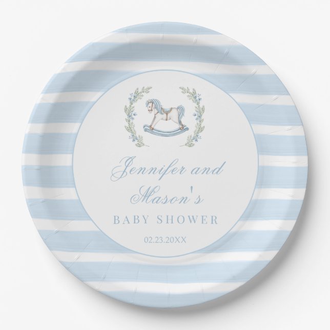 Blue rocking horse bohemian baby boy shower paper plates (Front)