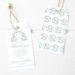 Blue rocking horse boho baby boy shower thank you gift tags