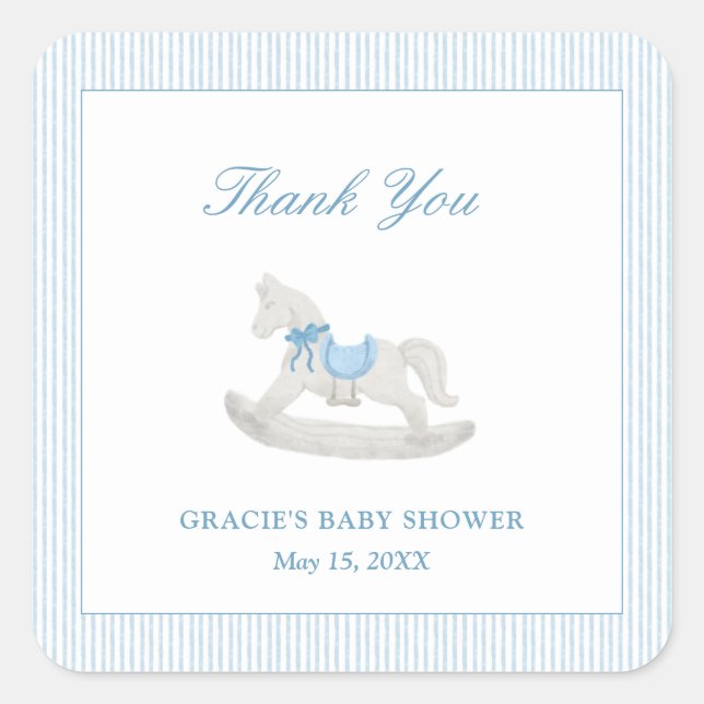 Blue Rocking Horse Boy Baby Shower Thank You Favor Square Sticker (Front)