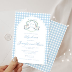 Blue rocking horse French crest baby boy shower Invitation