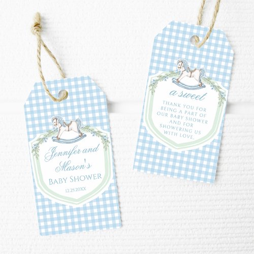 Blue rocking horse gingham baby shower thank you gift tags