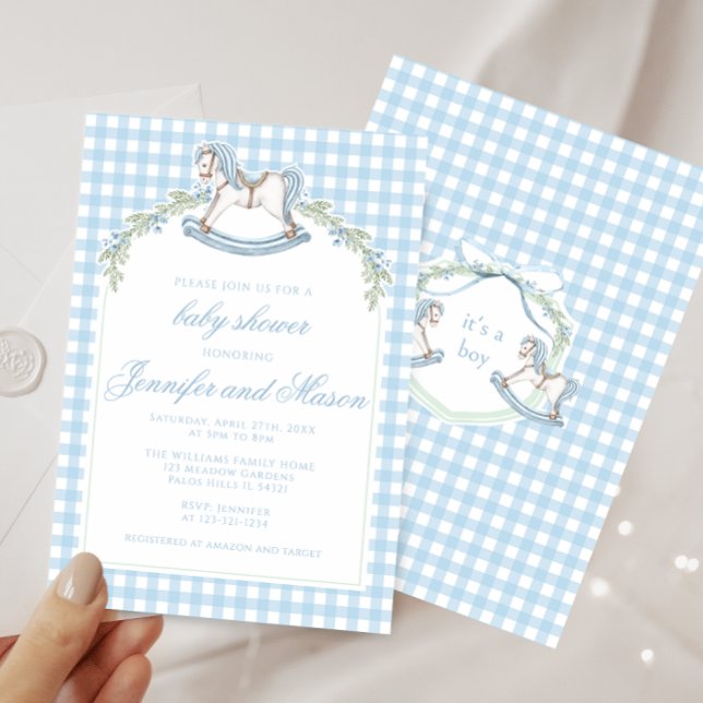 Blue rocking horse gingham boho baby boy shower invitation (Creator Uploaded)