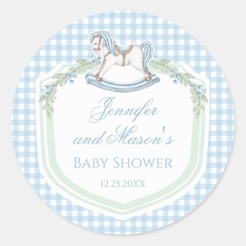 Blue rocking horse gingham preppy baby boy shower classic round sticker