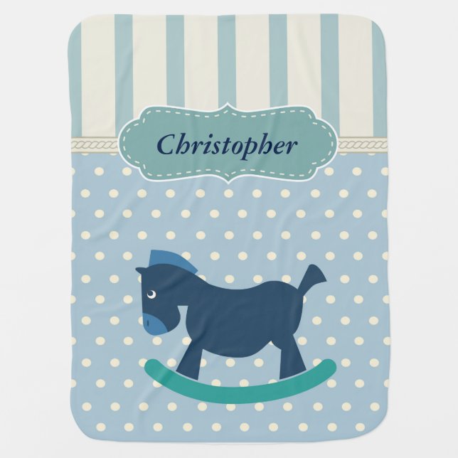 Blue Rocking Horse Polka Dots Stripes Baby Blanket (Front)