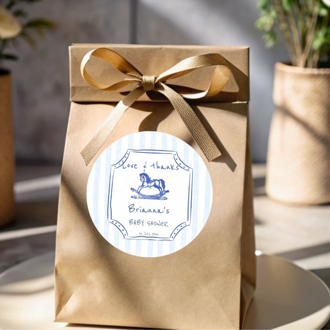 Blue rocking horse sketch baby shower favor classic round sticker (Blue rocking horse handrawn sketch vintage baby shower favor sticker personalized favor stickers)