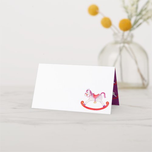 Blue rocking horse watercolor art place card