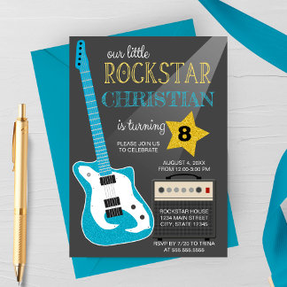 Blue Rockstar Birthday Party Invitation