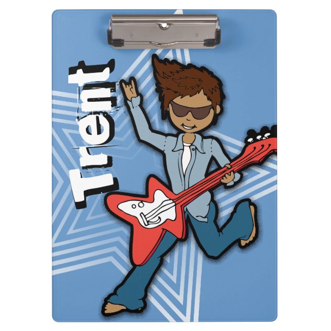 Blue rockstar guitar boy add your name clipboard (Front)