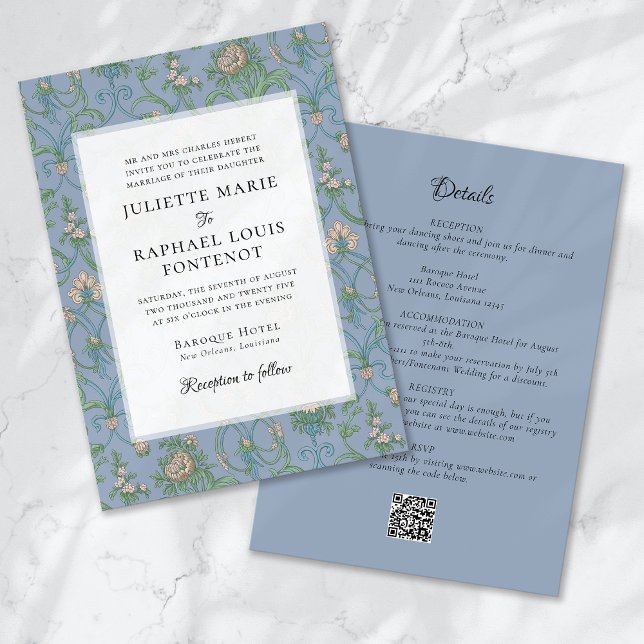 Blue Rococo Baroque Floral All in One Wedding Invitation (Creator Uploaded)