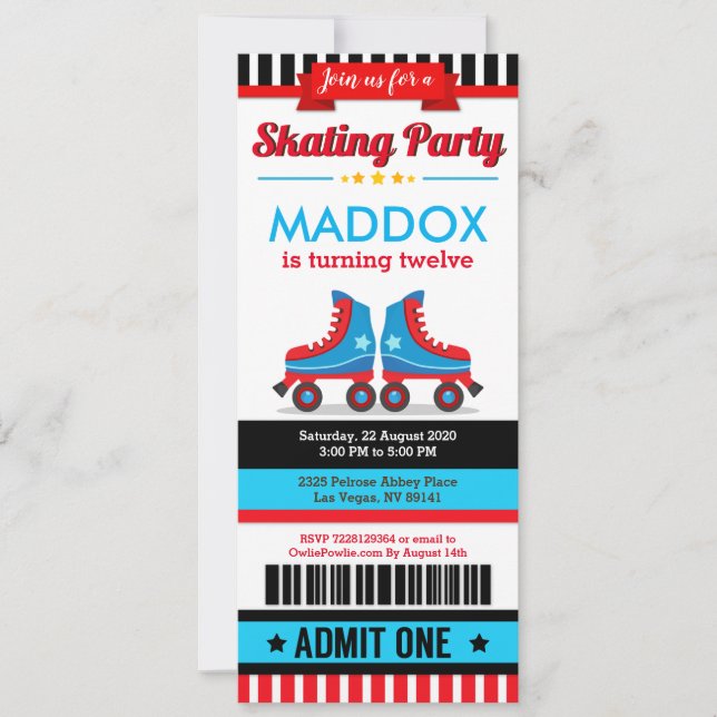 Blue Roller Skate Sport Ticket Pass Birthday Invitation (Front)