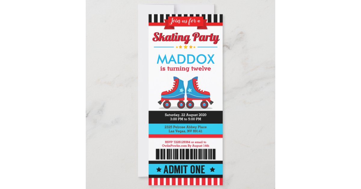 Blue Roller Skate Sport Ticket Pass Birthday Invitation Zazzle