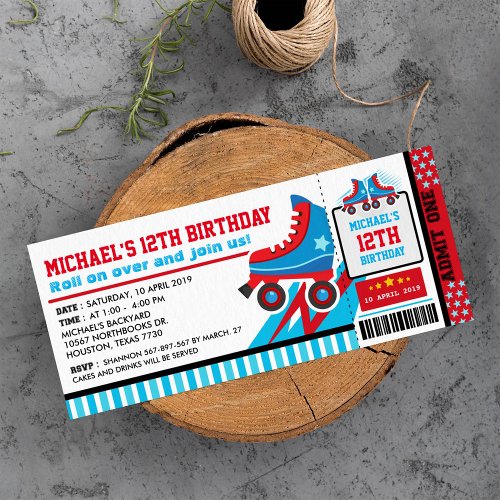 Blue Roller Skate Sport Ticket Pass Birthday Invitation