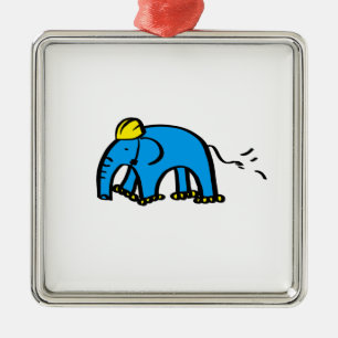 Blue Rollerblading Elephant w/ Yellow Helmet Metal Ornament