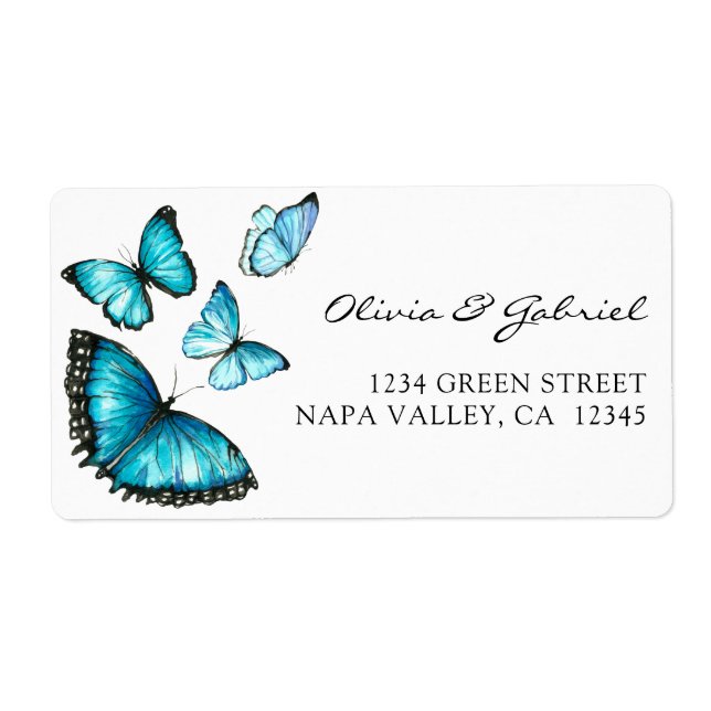 Blue romantic butterflies. Airy wedding address Label (Front)