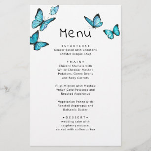 Blue romantic butterflies. Whimsical wedding menu