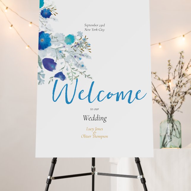 Blue Romantic Floral Wedding Welcome Foam Boards (In Situ (Stand))