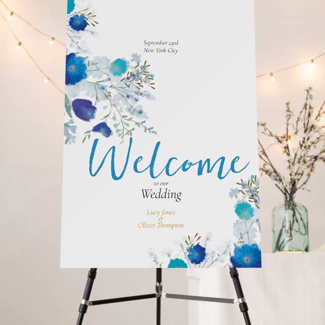 Blue Romantic Floral Wedding Welcome Foam Boards (In Situ (Stand))