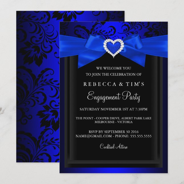 Blue Romantic Heart Engagement Party Invitation (Front/Back)
