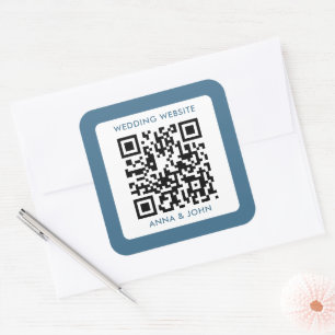blue romantic modern minimalist wedding qr code square sticker