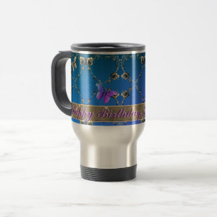 Blue Romantic Rose Hearts and Butterfly Text Travel Mug