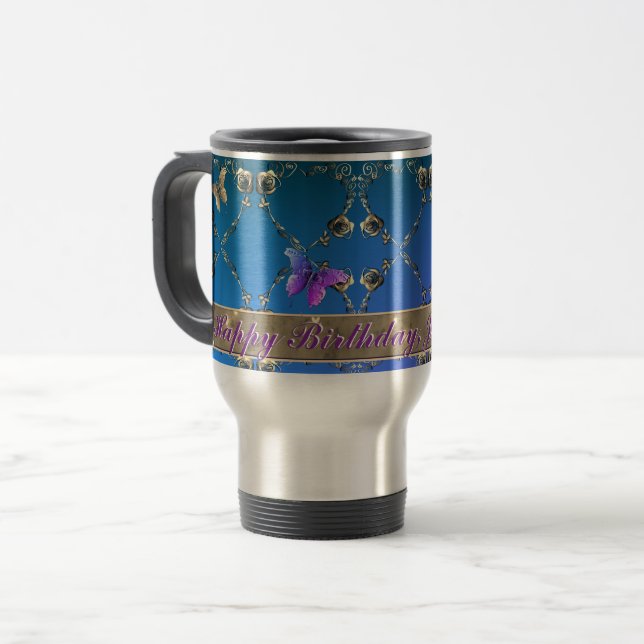 Blue Romantic Rose Hearts and Butterfly Text Travel Mug (Front Left)