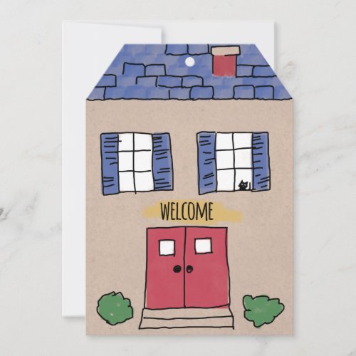 Blue Roof Tan House Sketch Housewarming Party Invitation