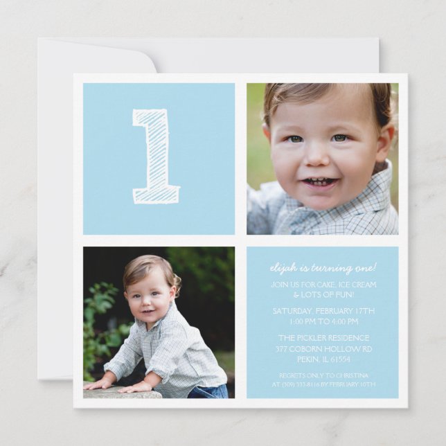 Blue Room for Squares First Birthday Party Photo Invitation (Front)