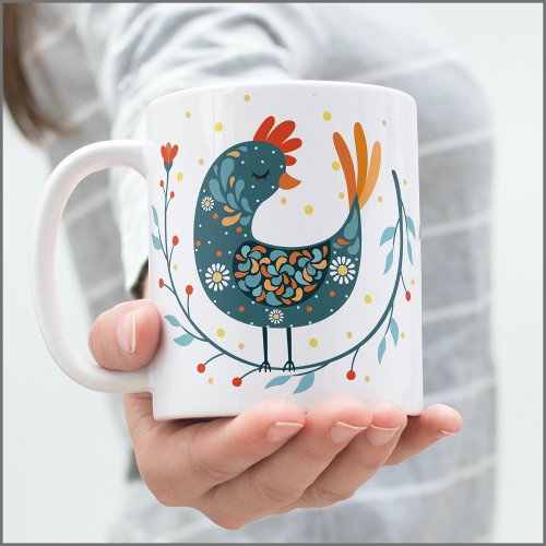 Blue rooster bird folk art Good Morning Coffee Mug