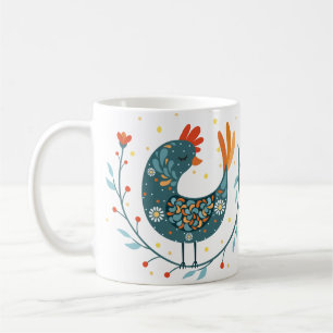 Blue rooster bird folk art "Good Morning" Coffee Mug