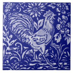 Blue Rooster Chicken Floral Farmhouse Rustic Art Ceramic Tile
