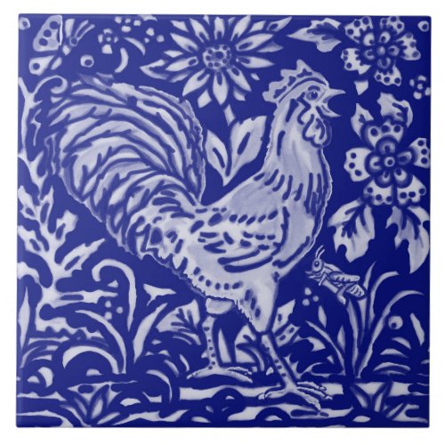 Blue Rooster Chicken Floral Farmhouse Rustic Art Ceramic Tile