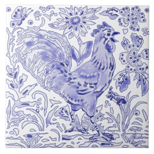 Blue Rooster Chicken Insect Farmhouse Rustic Art  Ceramic Tile