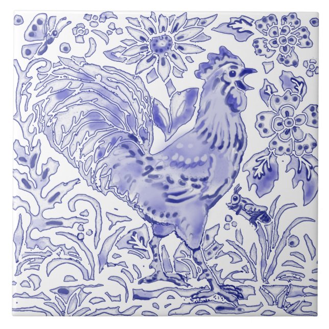 Blue Rooster Chicken Insect Farmhouse Rustic Art  Ceramic Tile (Front)