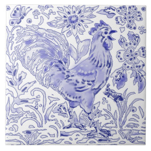 Blue Rooster Chicken Insect Farmhouse Rustic Art Ceramic Tile