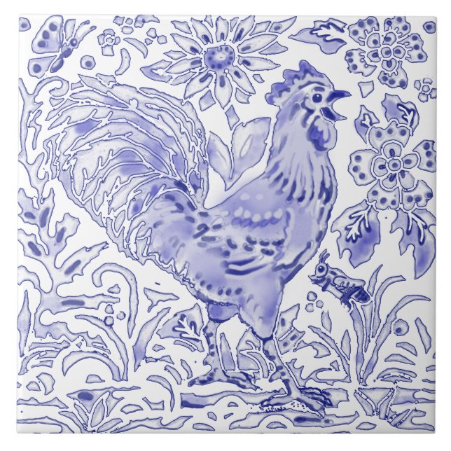 Blue Rooster Chicken Insect Farmhouse Rustic Art   Ceramic Tile (Front)