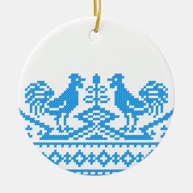 Blue Rooster cross-stitch Ceramic Ornament (Front)
