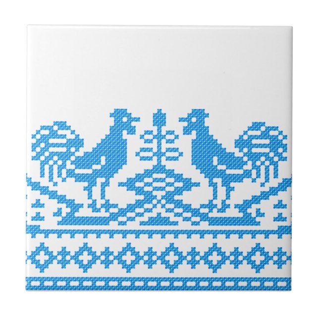 Blue Rooster cross-stitch Ceramic Tile (Front)