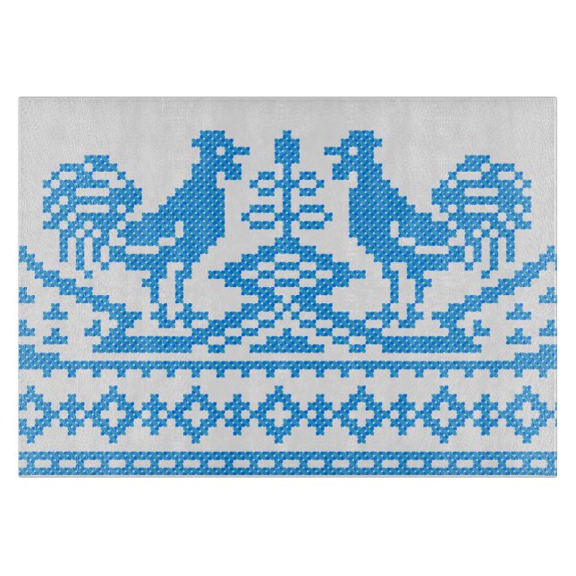 Blue Rooster cross-stitch design Cutting Board (Front)