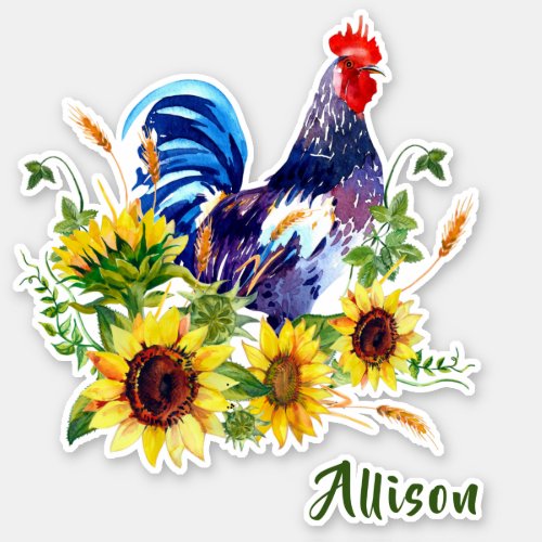 Blue Rooster with Sunflowers Name Sticker