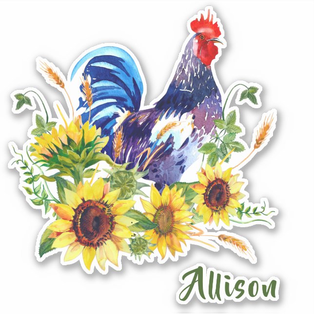 Blue Rooster with Sunflowers Name Sticker (Front)