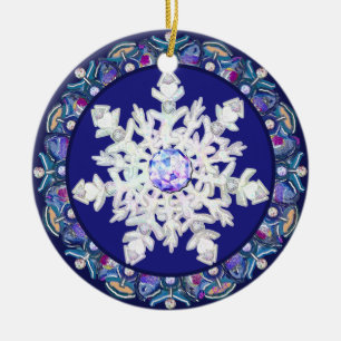 Blue rosace & snowflake ceramic ornament