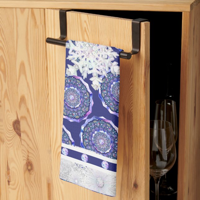 Blue rosace & snowflake kitchen towel (Thirds Fold)