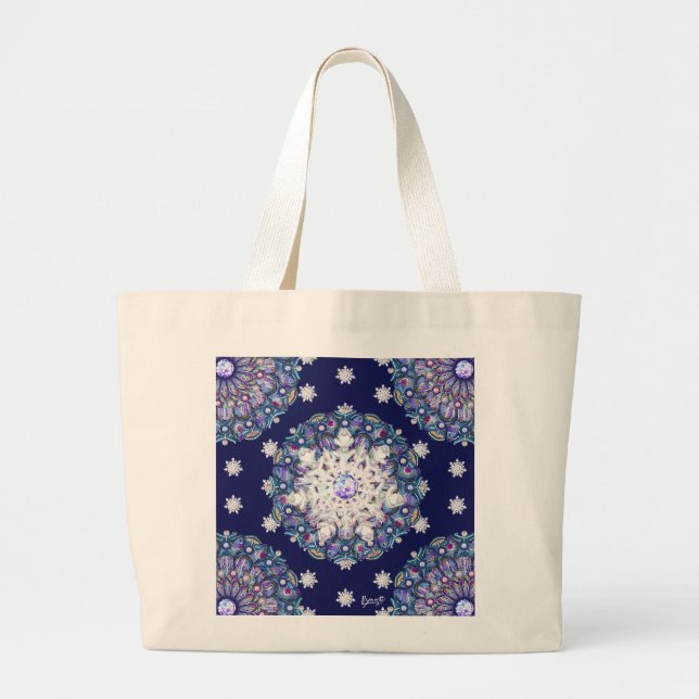 Blue rosace & snowflake large tote bag (Front)
